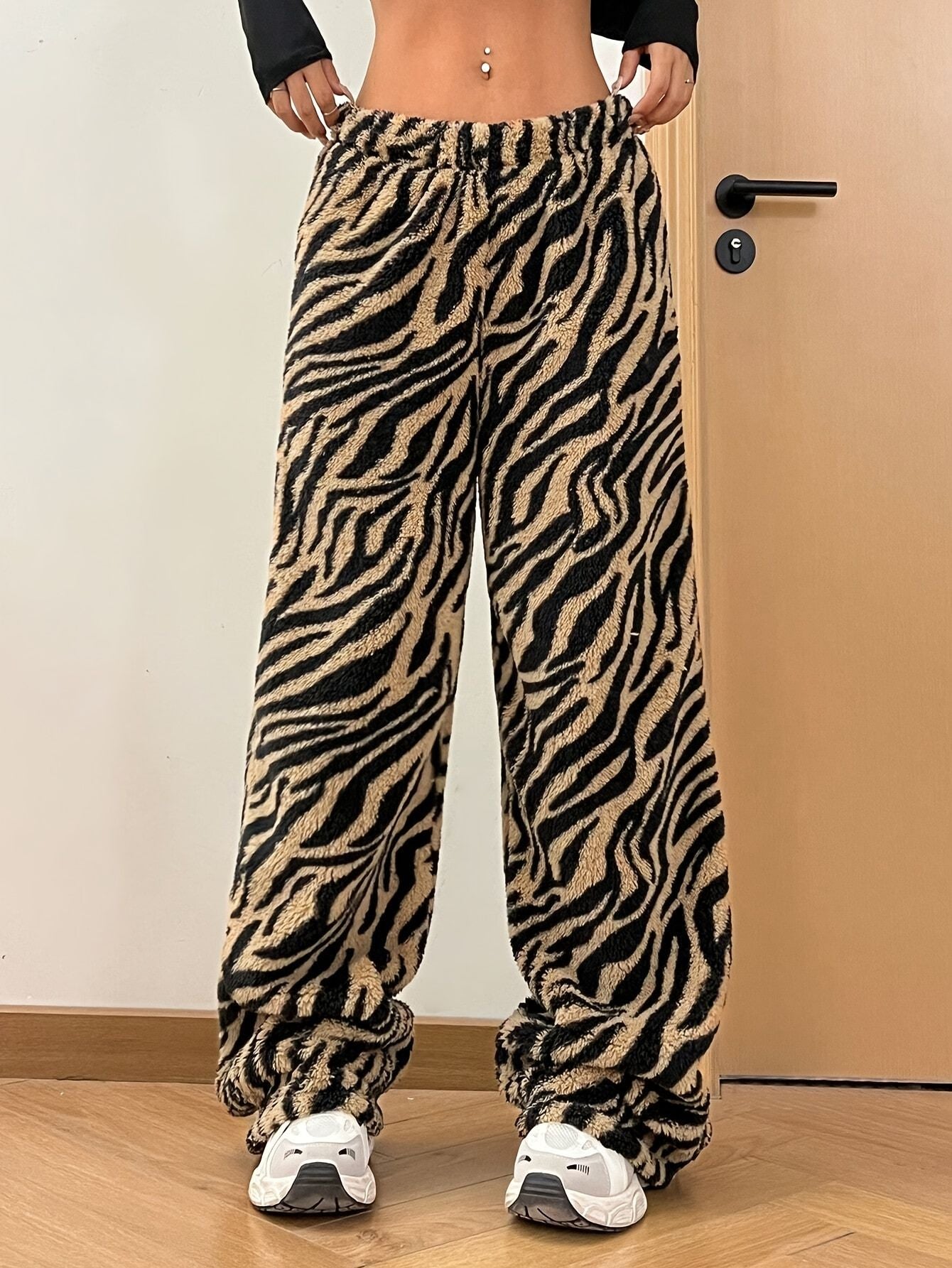 Autumn Winter Warm Leopard Print Pants Casual Comfortable Drape Wide Leg Women Trousers