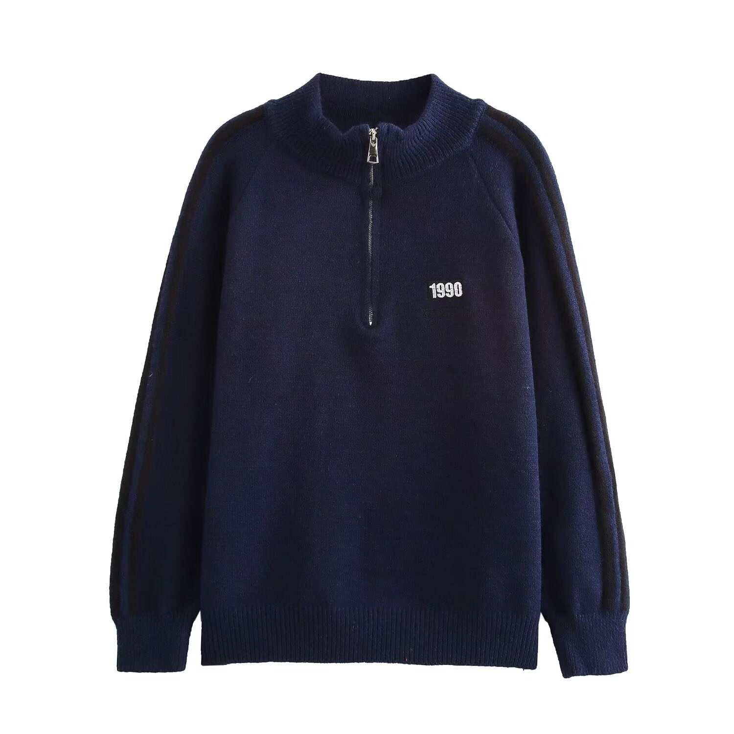 Letters Embroidery Contrast Color Knitwear Jersey Loose Comfortable Basic Coat Navy Blue