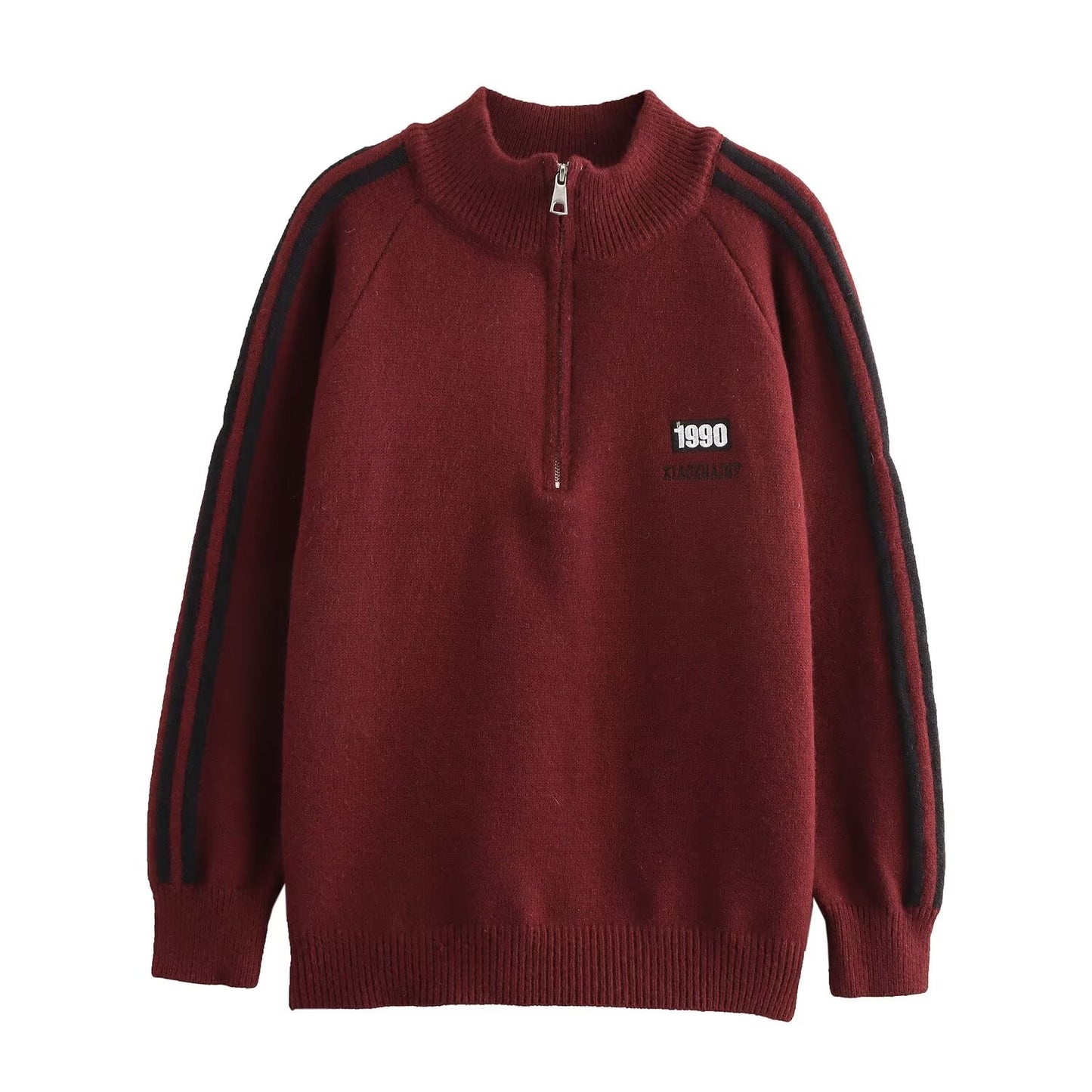 Letters Embroidery Contrast Color Knitwear Jersey Loose Comfortable Basic Coat Burgundy