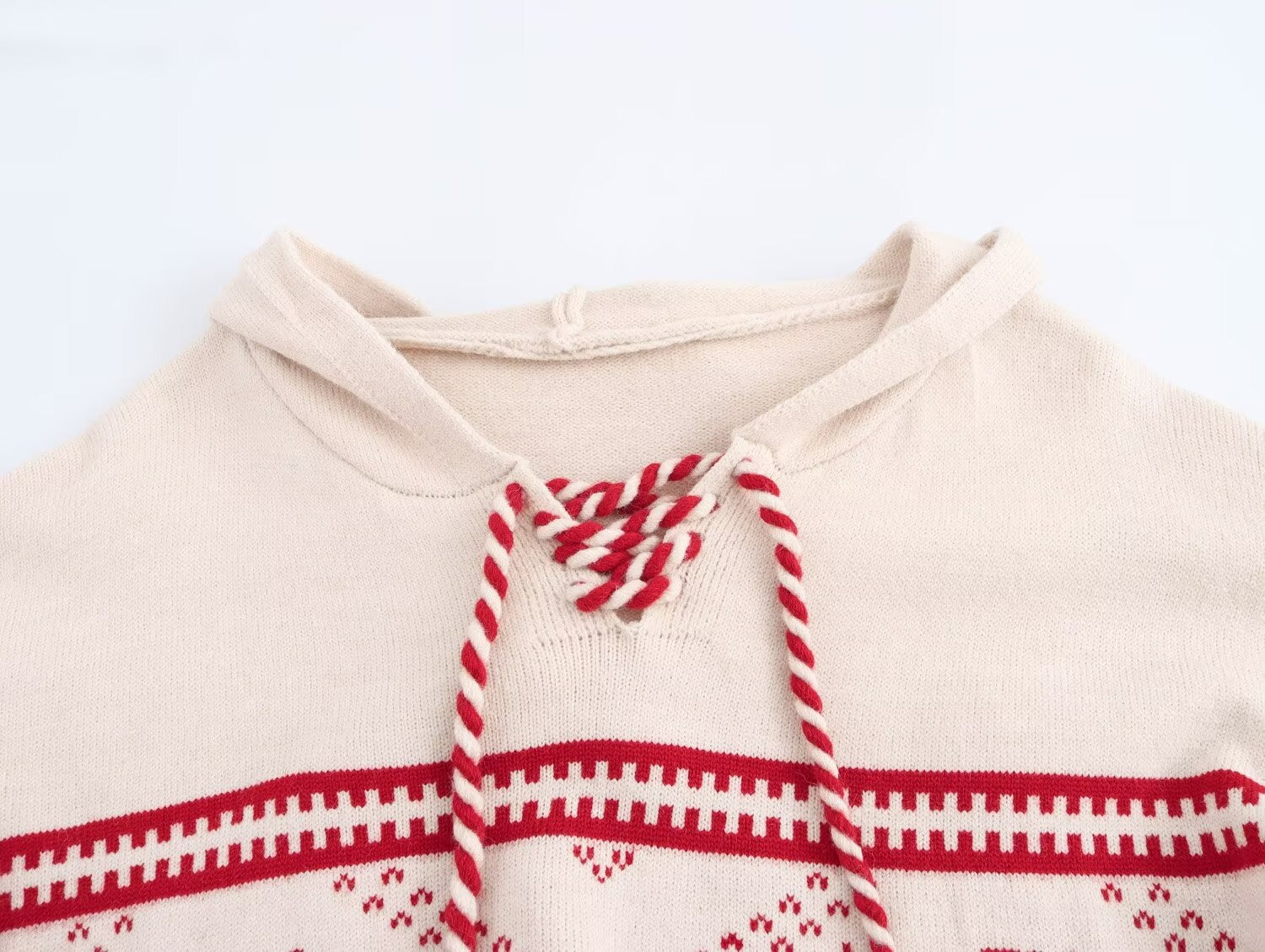 Autumn Winter Jacquard Hooded Drawstring Contrast Color Sweatshirt Knitwear Lace up Loose Simple Sweater Coat