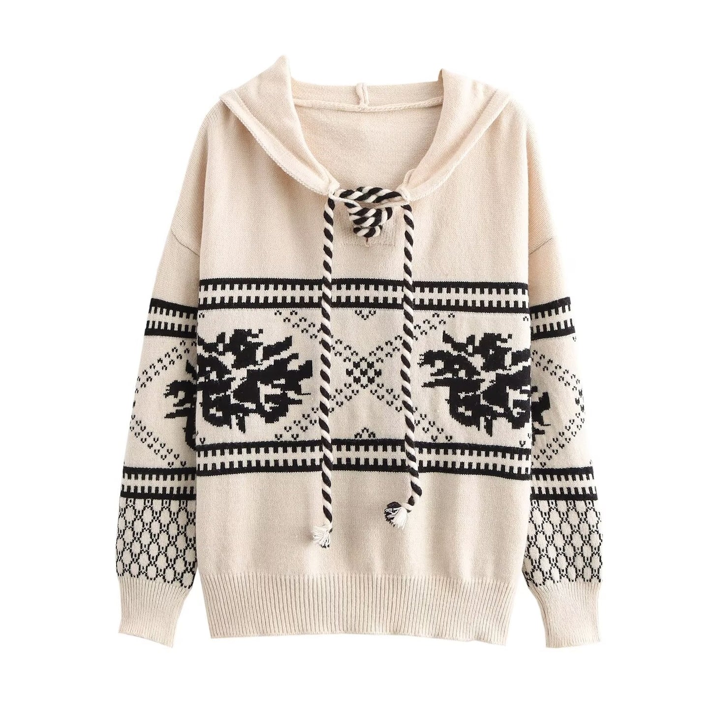 Autumn Winter Jacquard Hooded Drawstring Contrast Color Sweatshirt Knitwear Lace up Loose Simple Sweater Coat Beige Black Flower