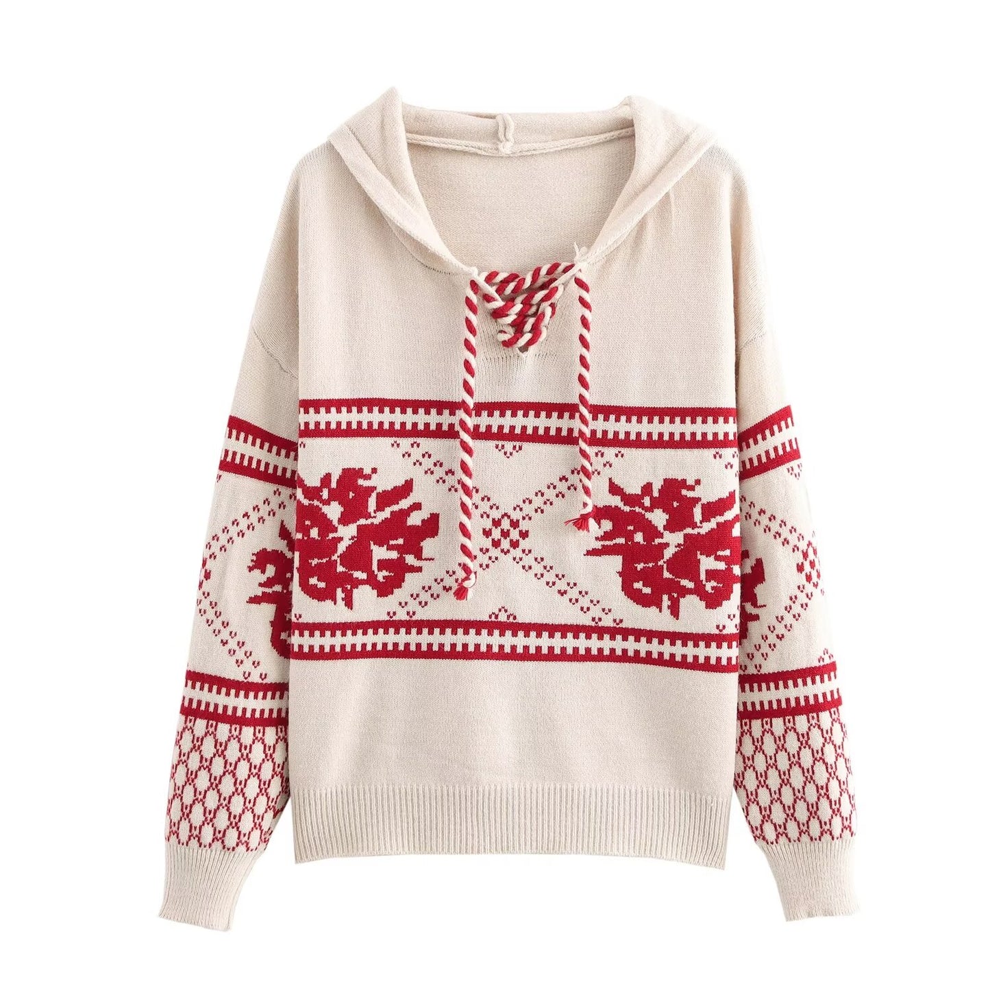 Autumn Winter Jacquard Hooded Drawstring Contrast Color Sweatshirt Knitwear Lace up Loose Simple Sweater Coat Beige Red Flower