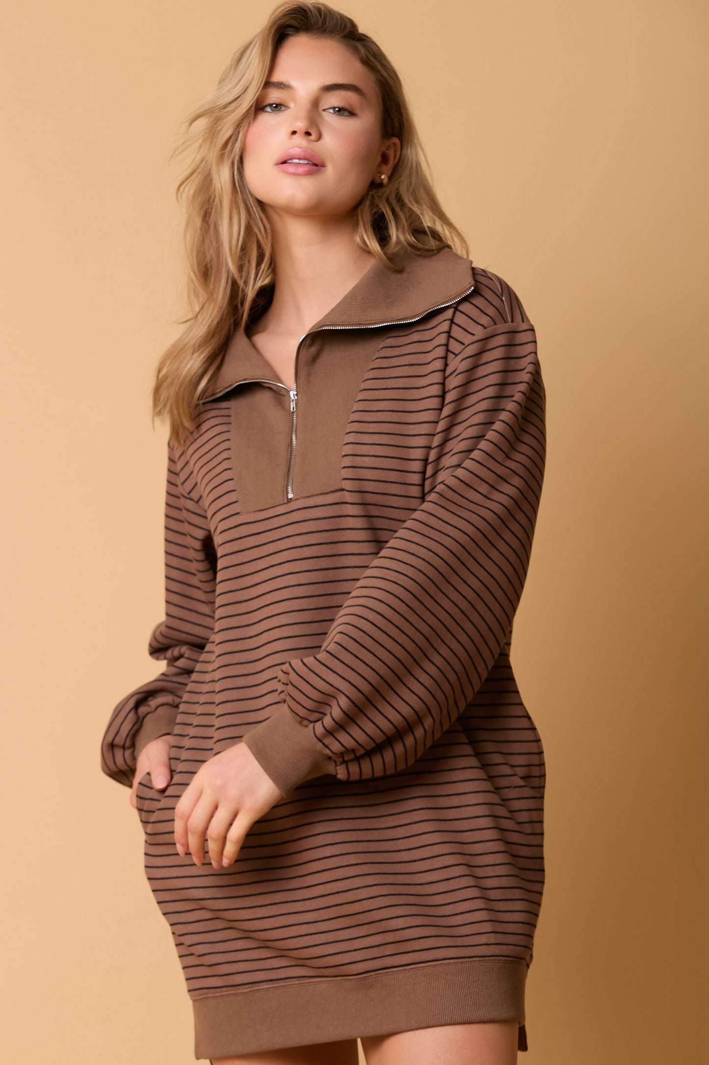 Autumn Winter Women Long Sleeve Polo Collar Stripes Skirt Loose Casual Dress Women Brown