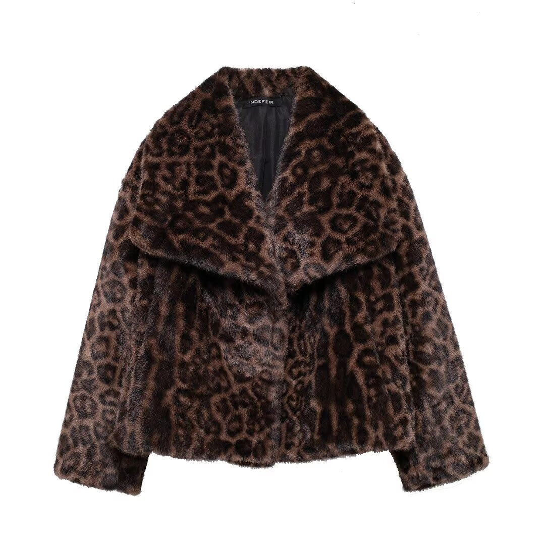 Women Clothing Autumn Winter Artificial Fur Effect Short Coat Leopard Print Dark Brown