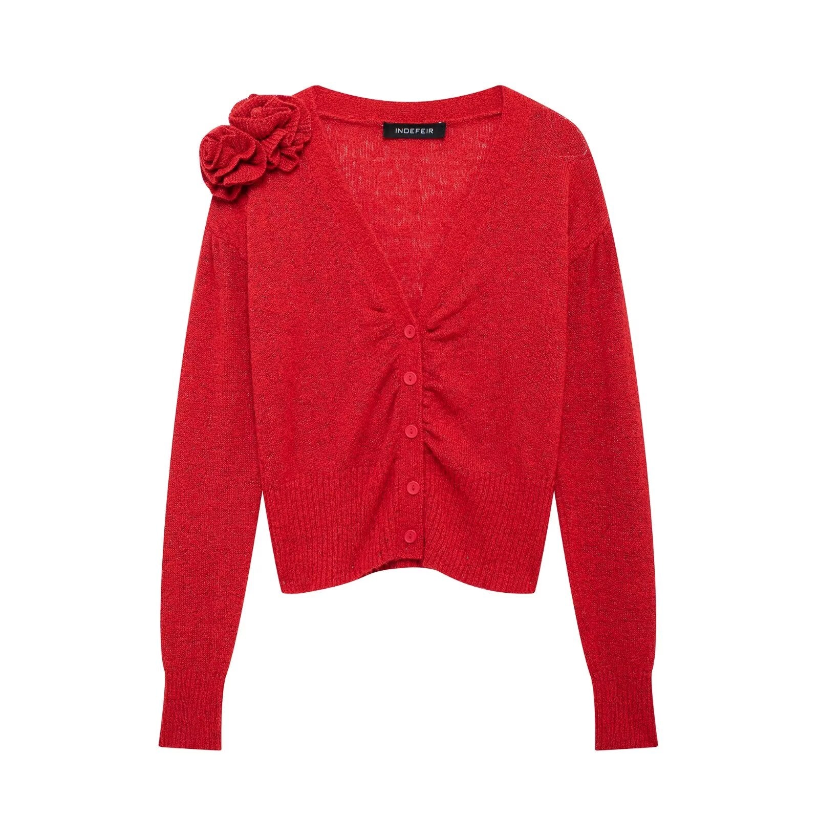 Women Clothing Autumn Winter Red V neck Single Breasted Floral Shaped Decorative Knitted Coat