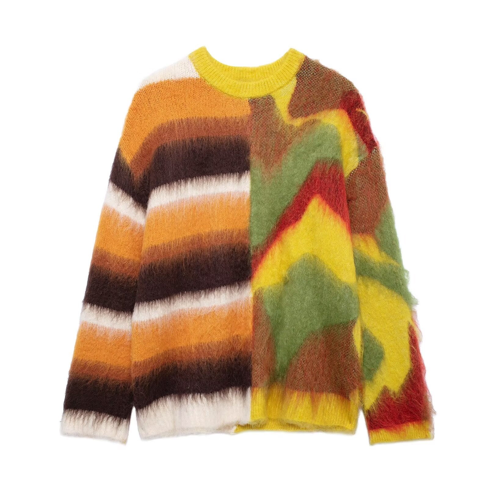 Women Clothing Autumn Winter Rainbow Contrast Jacquard Loose Fitting Knitwear Sweater Multi