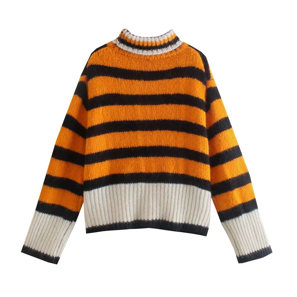 Winter All Matching Striped Mock Neck Long Sleeved Sweater Women Clothing