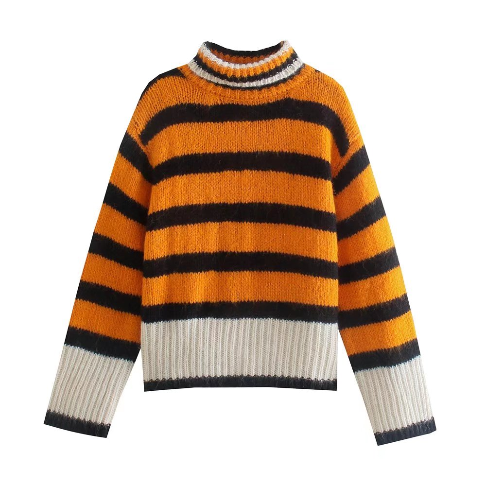 Winter All Matching Striped Mock Neck Long Sleeved Sweater Women Clothing Stripe