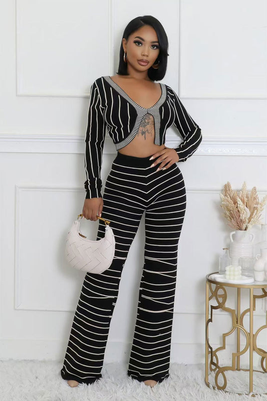 Casual Stretch Long Sleeve Short Cardigan Top Trousers Striped Set Autumn