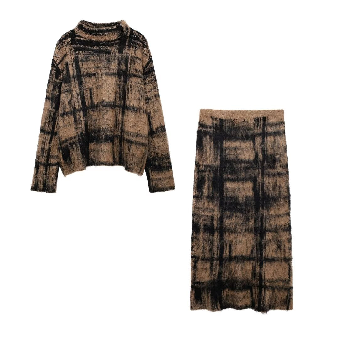 Women Plaid Jacquard Sweater Skirt Sets