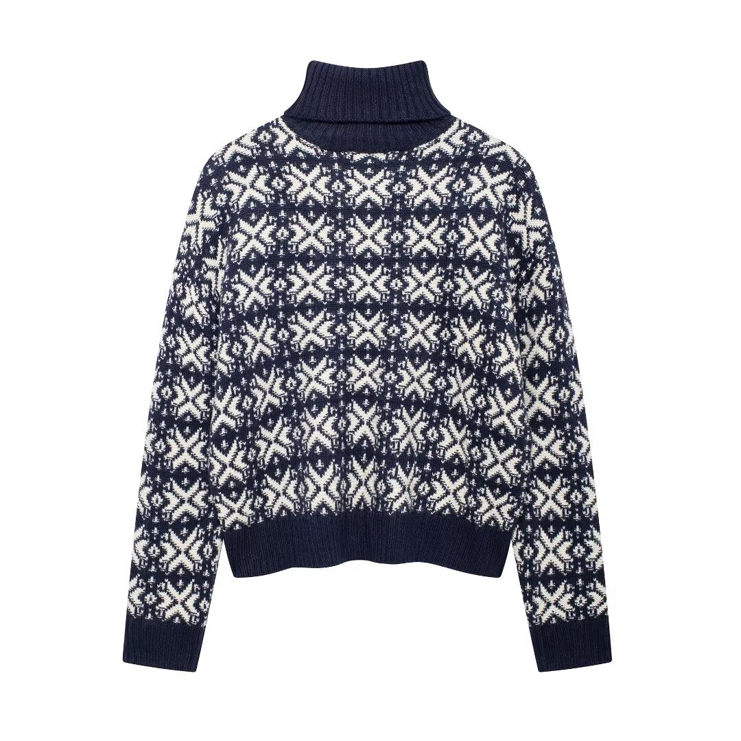 Women High Collar Jacquard Long Sleeved Sweater Sweater