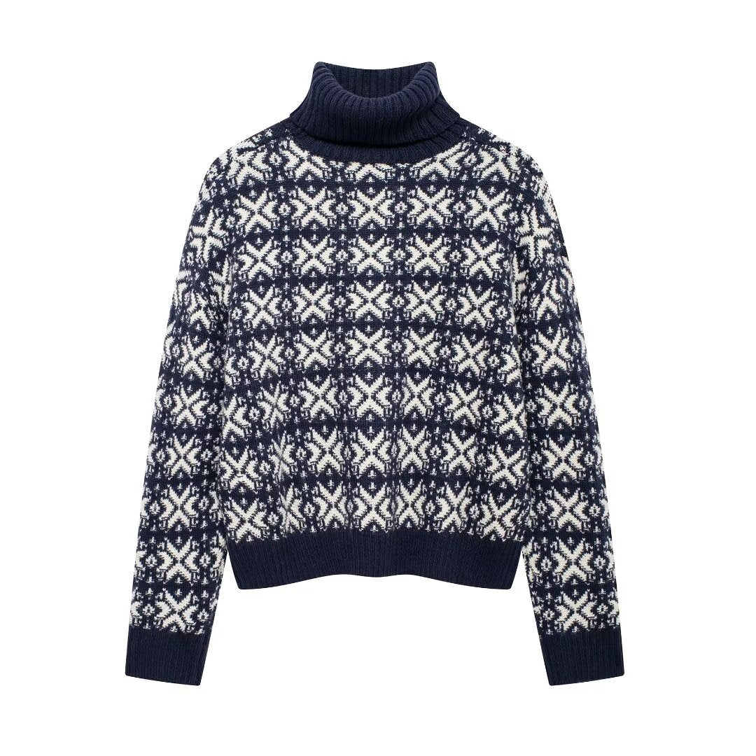 Women High Collar Jacquard Long Sleeved Sweater Sweater Blue White