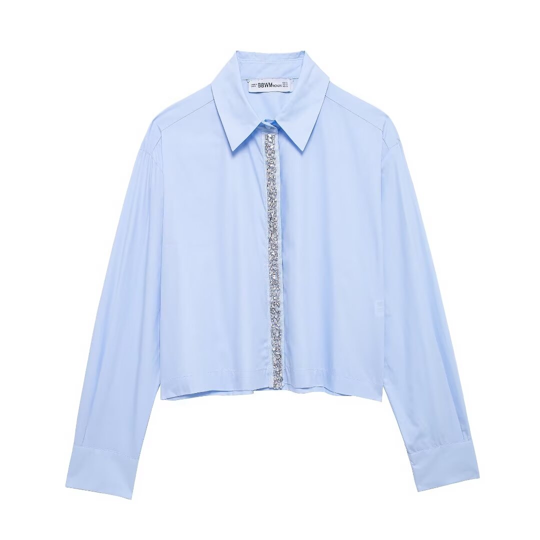 Winter Women Clothing Polo Collar Jewelry Decoration Poplin Short Shirt light blue