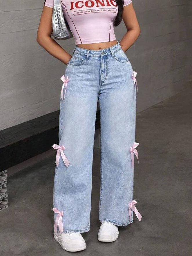 Street Sexy Bowknot Washed Jeans Loose Straight Leg Wide Leg Pants Jeans Light Blue