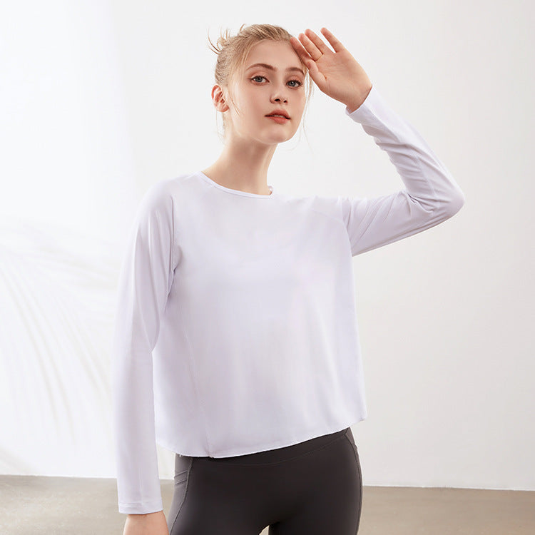 Split Beauty Back Yoga Clothes Women Loose Quick Drying Running Sport Long Sleeve Top Breathable Workout Blouse Cloud white