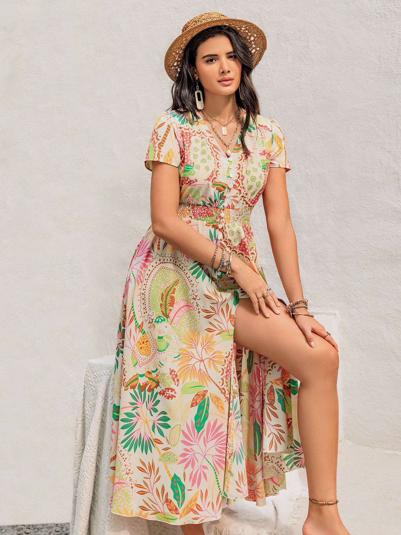 Women Summer Short Sleeve Step Bohemian Dress