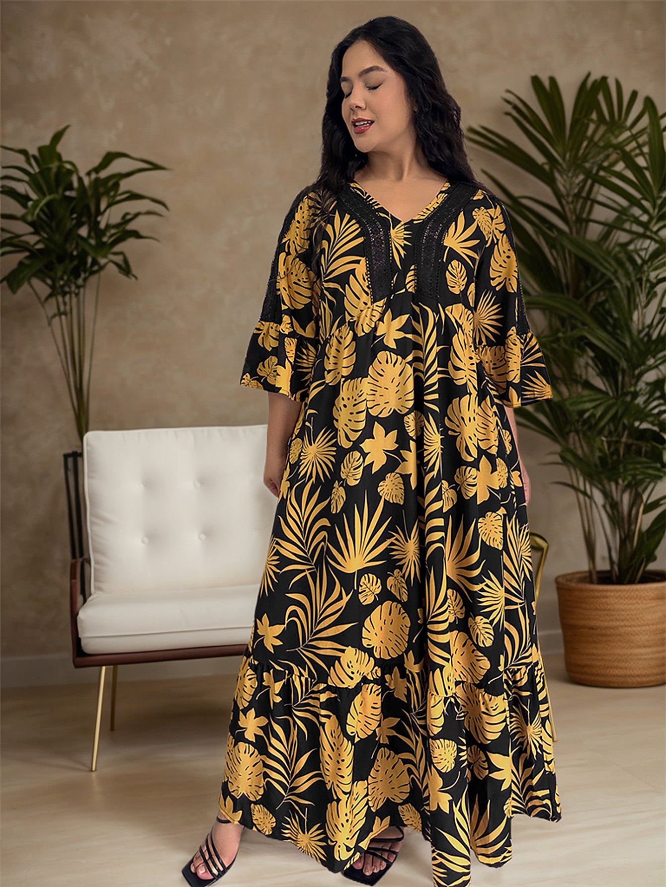 Plus Size Women Printing Casual Vacation Women Dress Turmeric