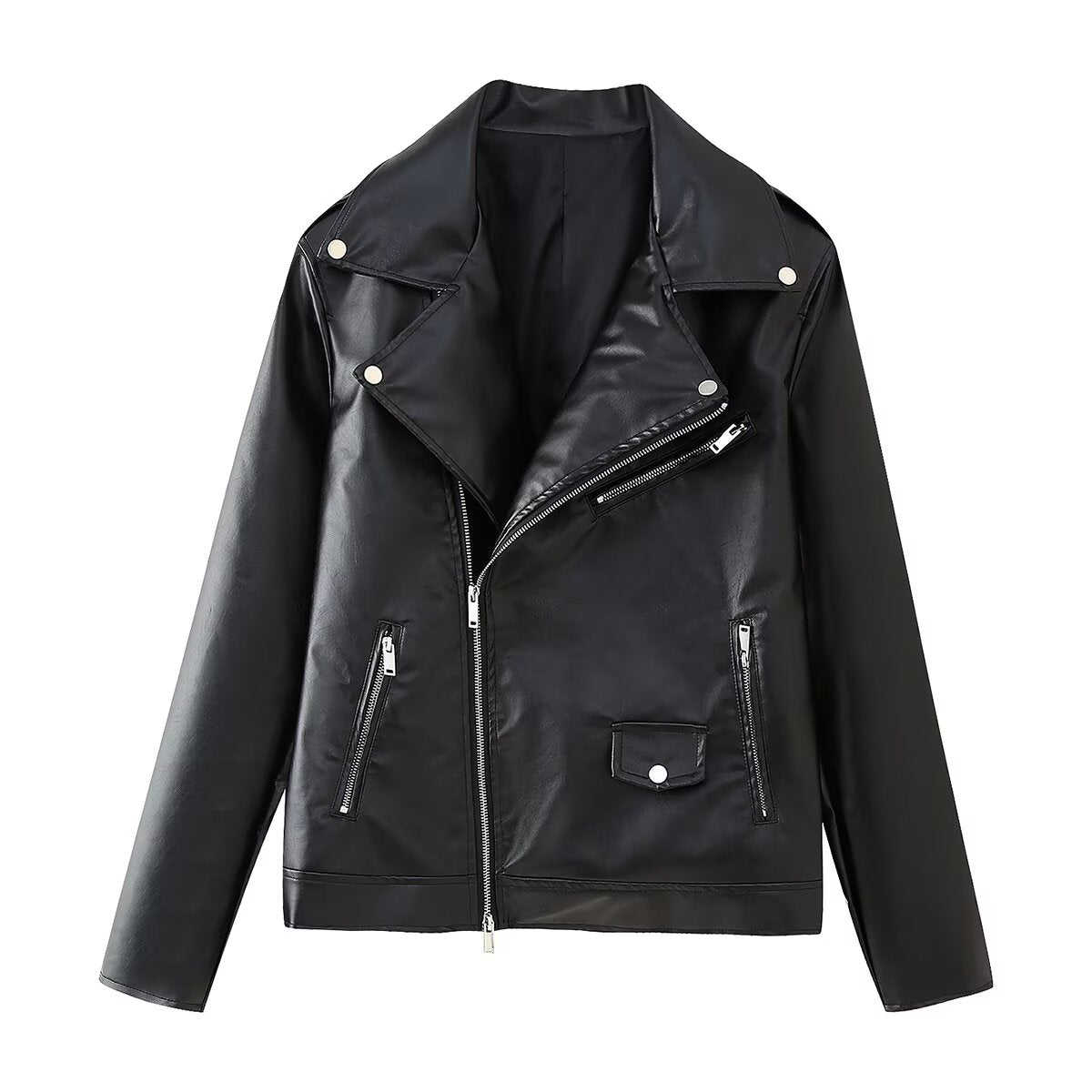 Winter Women Clothing Street Hipster Zipper Faux Leather Short Jacket Black