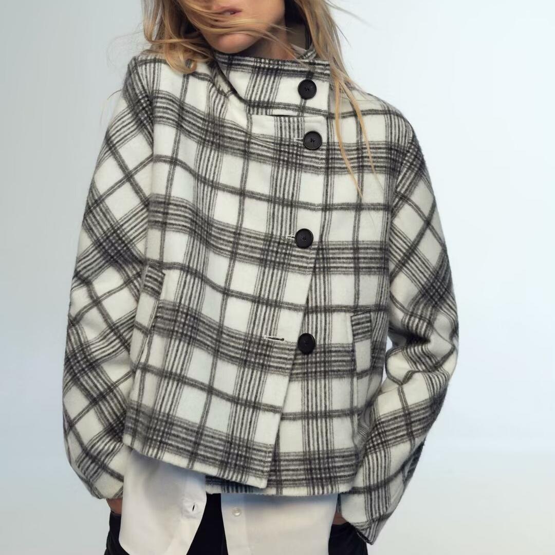 Collared Plaid Jacket Coat Daily Office Autumn Winter All Matching Simple Top