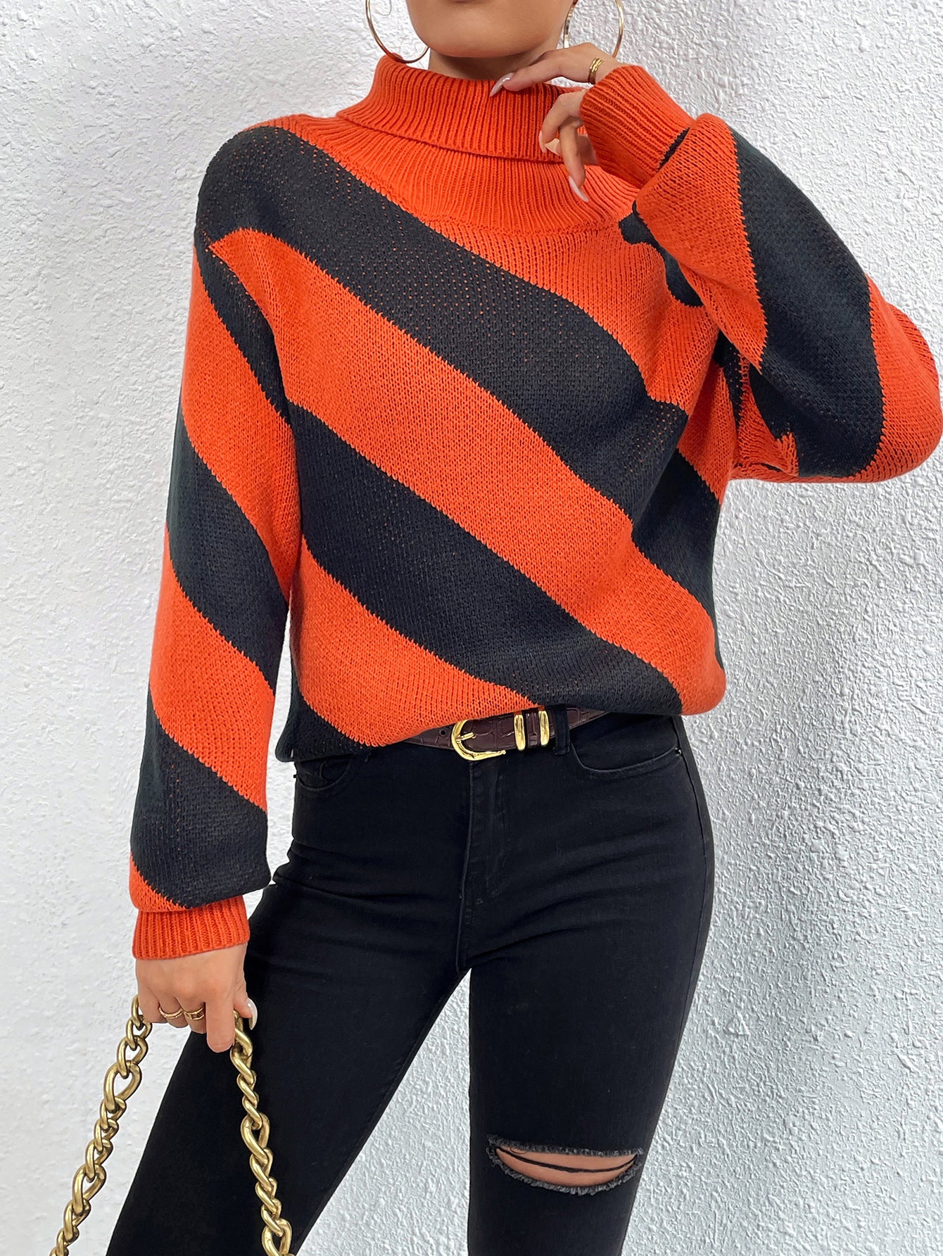 Autumn Winter Turtleneck Pullover Contrast Color Diagonal Striped Knitted Bottoming Shirt Women Orange