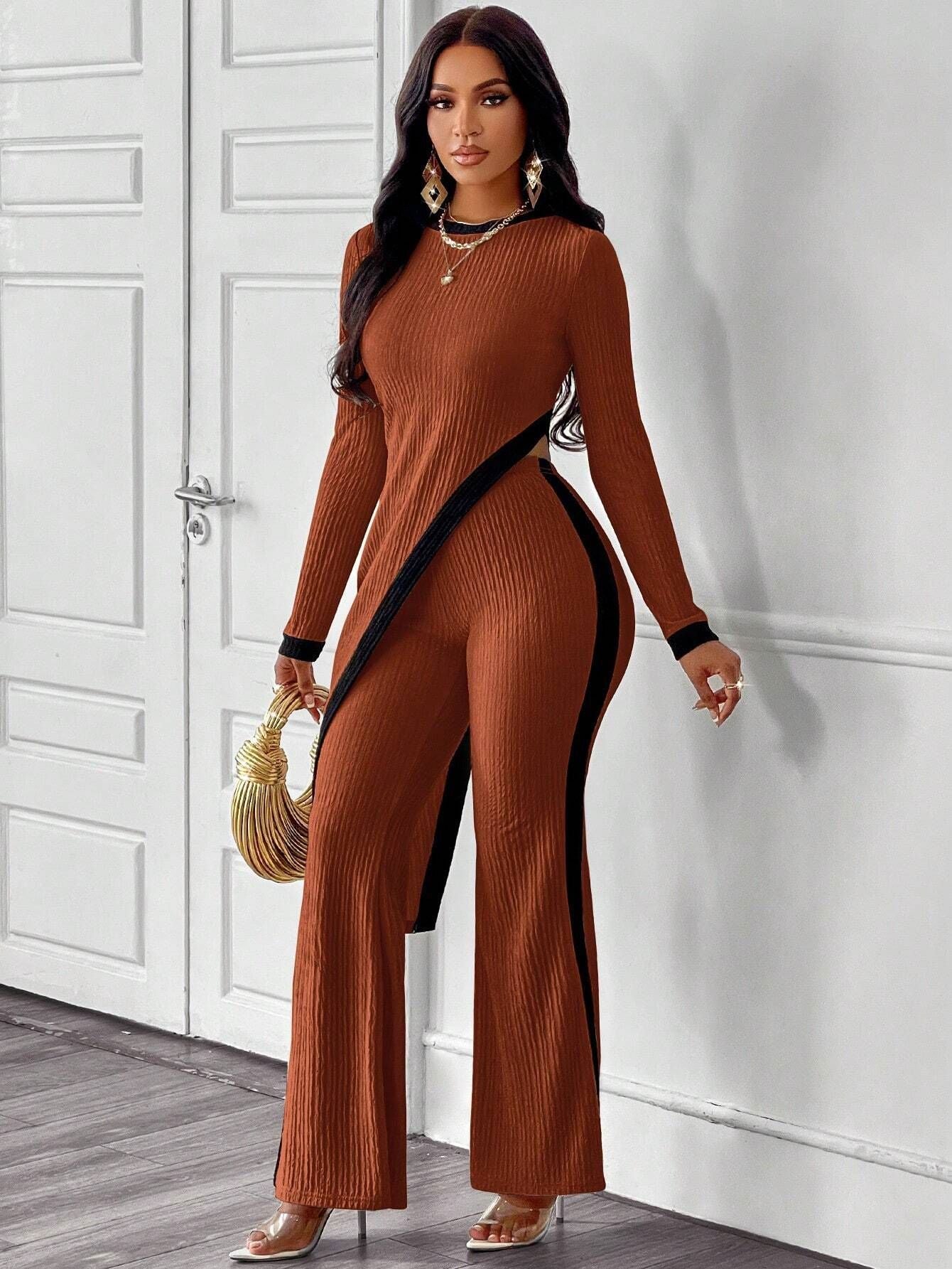 Fall Women Clothing Long Sleeve Contrast Color Split T shirt Stitching Trousers Two Piece Sets Women Brown