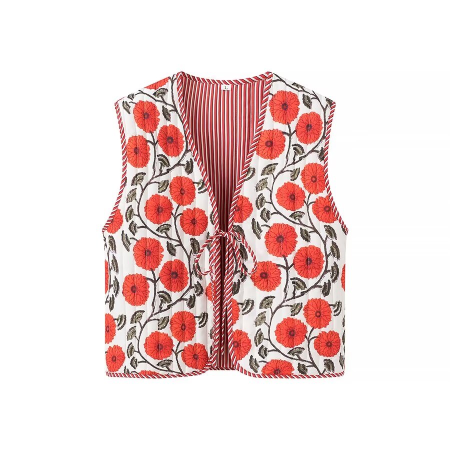 Women Clothing Retro Printed Casual Lace up Loose Fitting Waistcoat Short Coat Vest Top