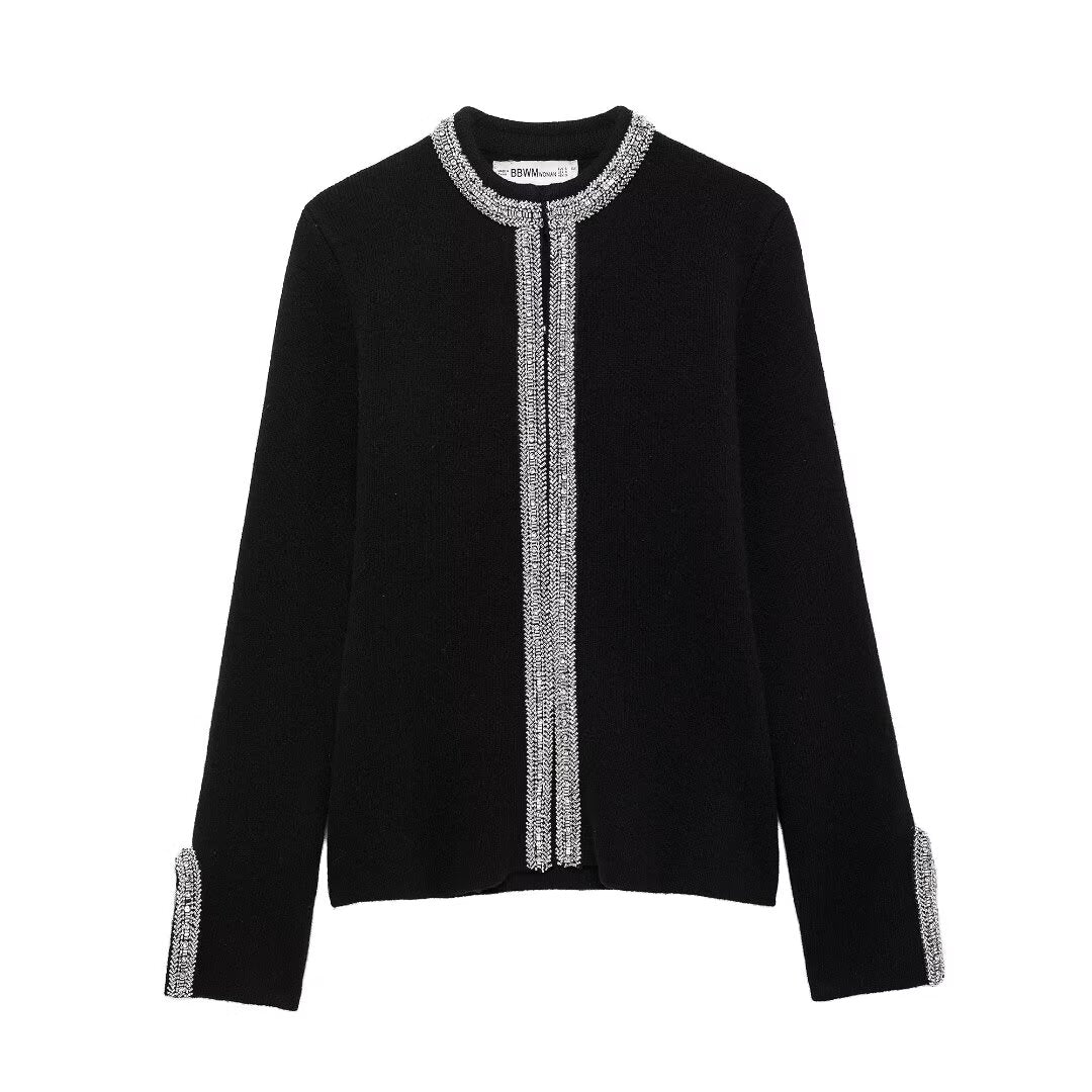 Winter Women Clothing Stylish Long Sleeves round Neck Beaded Coat