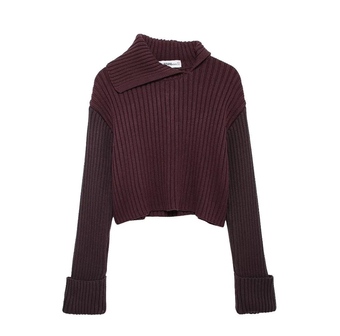 Asymmetric Women Clothing All Match Solid Color Pullover Oblique Collared Rib Knitted Bottoming Shirt Women Sweater Autumn Winter