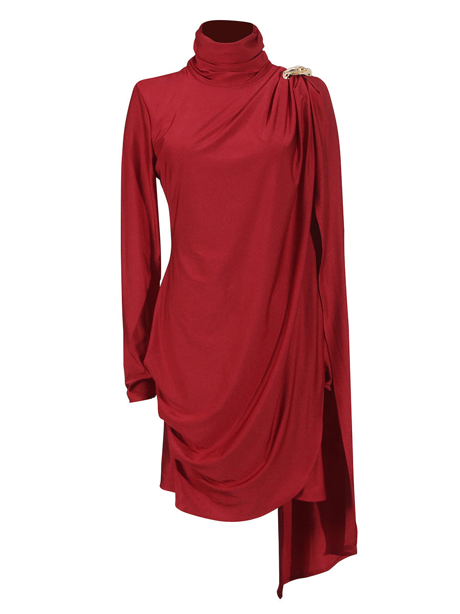 Elegant Socialite Dress Women Clothing Winter Graceful Stand Collar Pleated Shawl Slim Fit Red