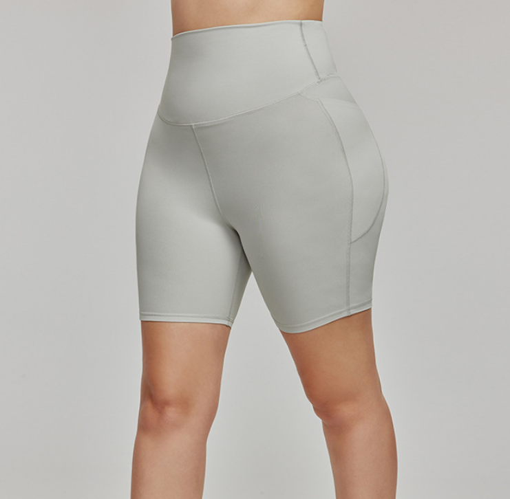 Antibacterial Side Pocket Sports Shorts plus Size Plump Girls Three Points Fitness Pants Yoga Shorts Women High Waist Hip Lift Light Smoky Gray