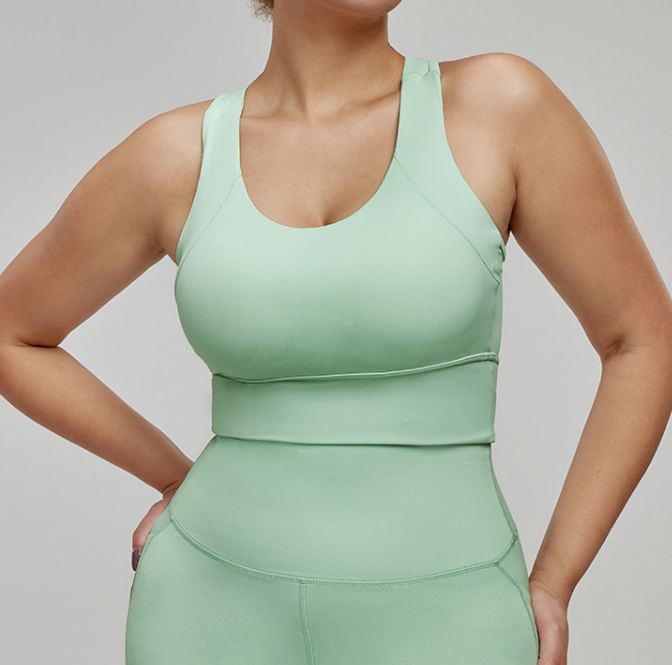 Plus Size Yoga Vest with Chest Pad No Running Cup Cover Supernumerary Breast Sports Top Big Chest Small Workout Underwear Women Road Green