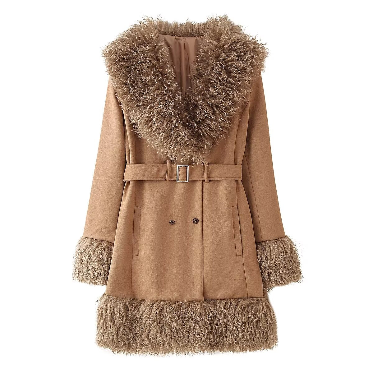 Women Environmental Protection Fur with Belt Double Breasted Coat camel