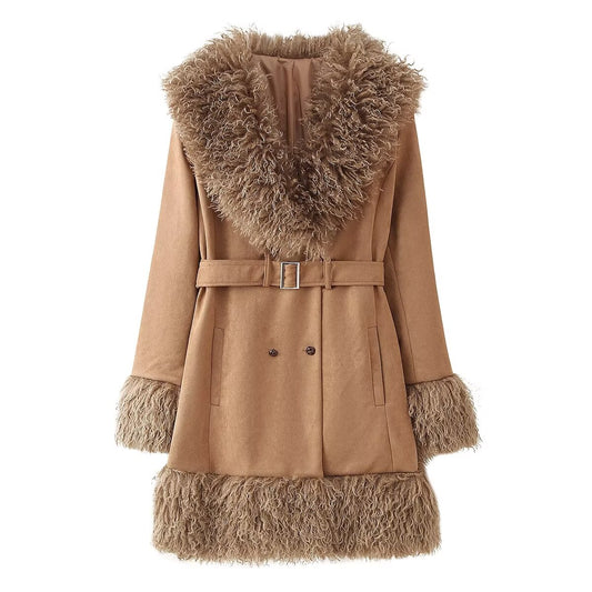 Women Environmental Protection Fur with Belt Double Breasted Coat