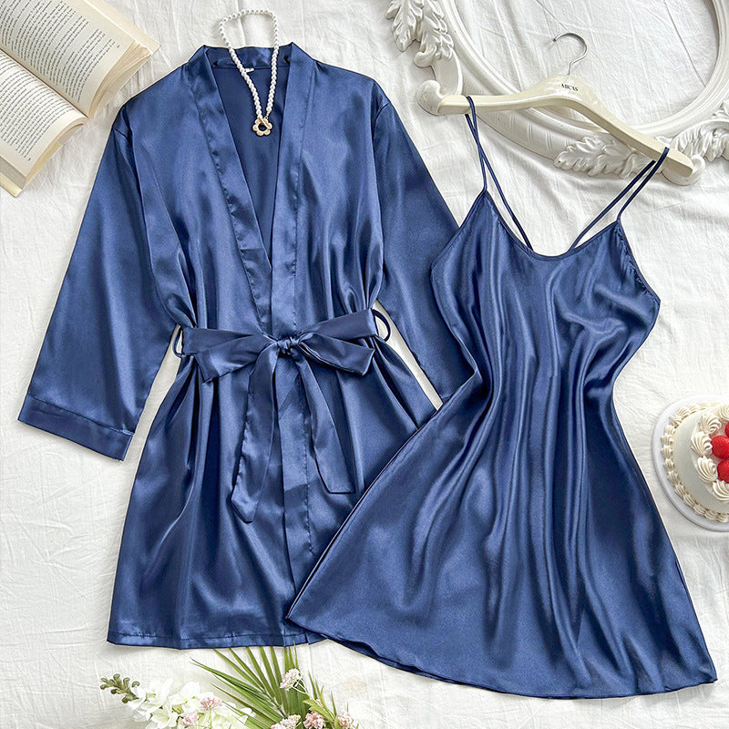 Pajamas Women Simple Pajamas Homewear Morning Gowns Imitated Silk Pajamas Nightgown Sexy Nightgown Bathrobe