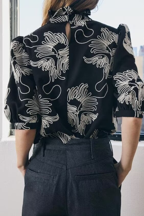 Contrast Color Embroidered Shirt Short Sleeve Elegant Office Printed Shirt Top