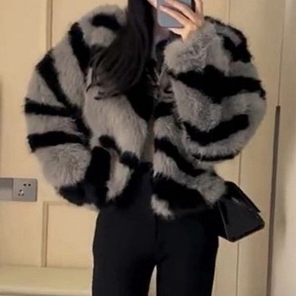 Women Zebra Pattern Fur Coat Faux Fur Short Classic Plush Cardigan Top