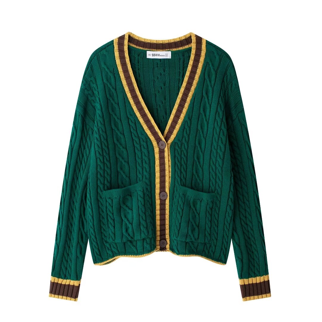 Autumn Winter Cable Pattern Knitted Cardigan Sweater Coat Contrast Color Loose Slimming