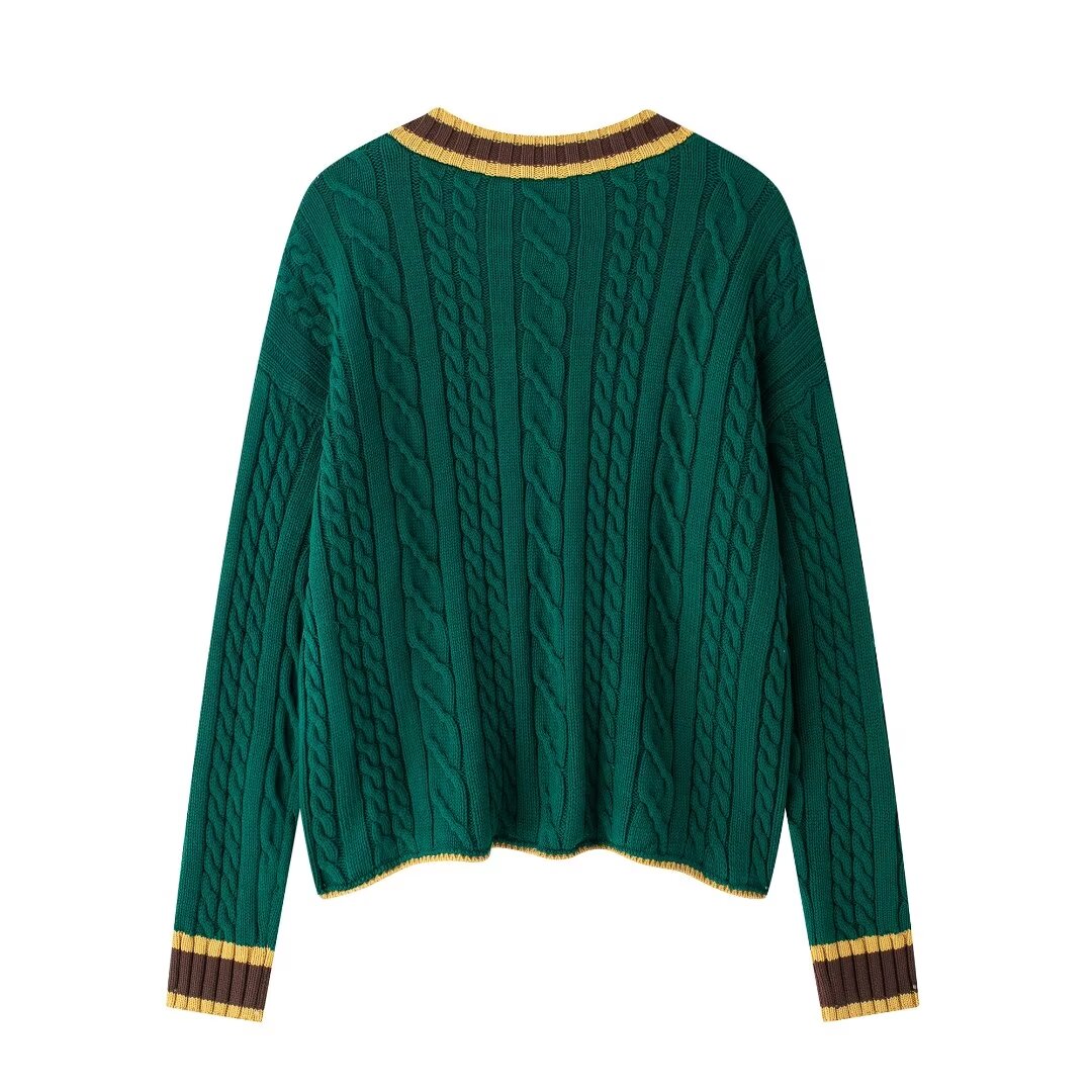 Autumn Winter Cable Pattern Knitted Cardigan Sweater Coat Contrast Color Loose Slimming