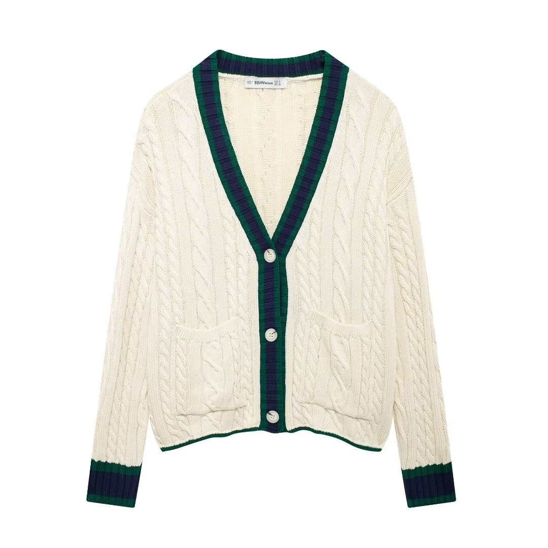 Autumn Winter Cable Pattern Knitted Cardigan Sweater Coat Contrast Color Loose Slimming