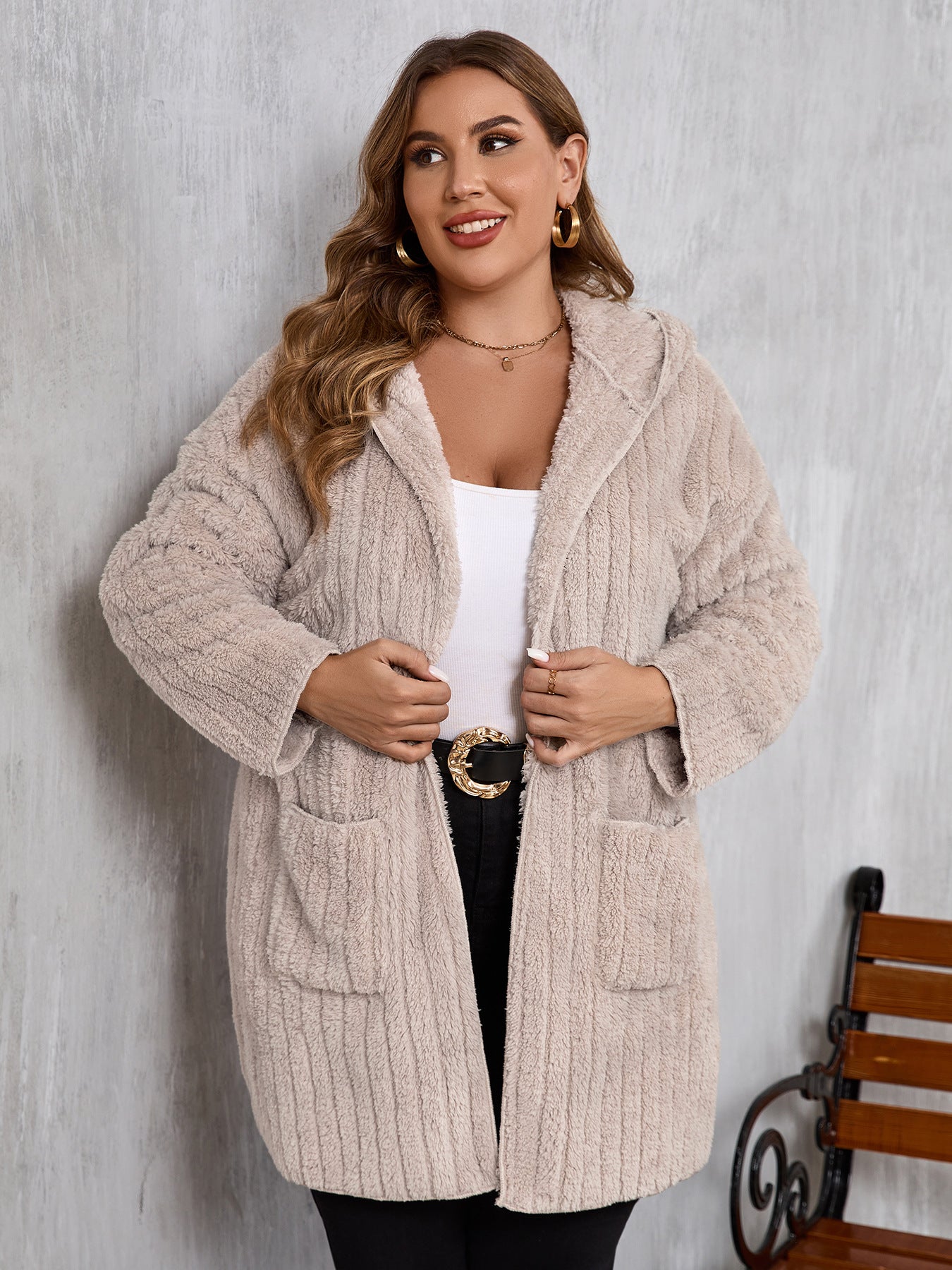 Plus Size Autumn Winter Thickening Double Sided Sunken Stripe Plush Hooded Cardigan Coat Khaki