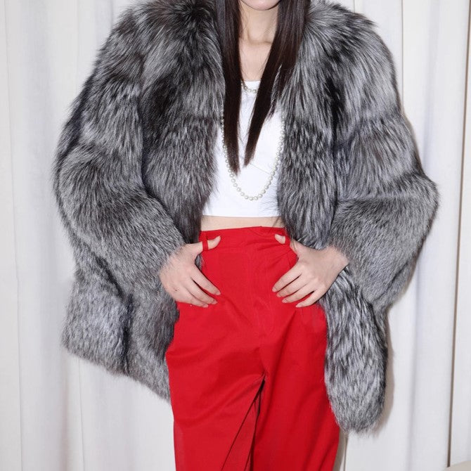 Women Fur Coat Autumn Winter Silver Fox Fur Mid Length Thickening Coat Warm Casual Trench Coat