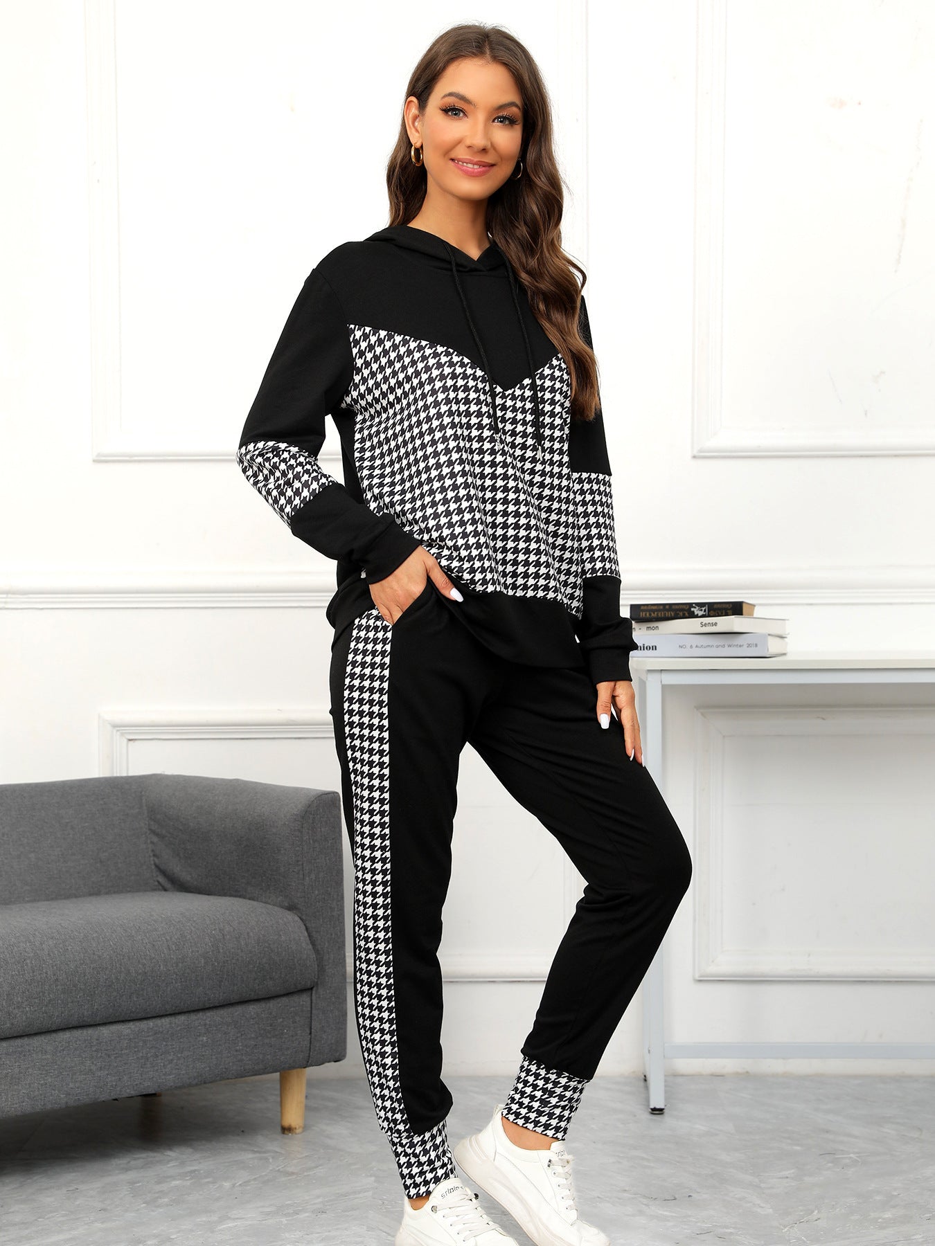 Spring Autumn Sports Casual Houndstooth Stitching Hooded Top Two Piece Pants Black