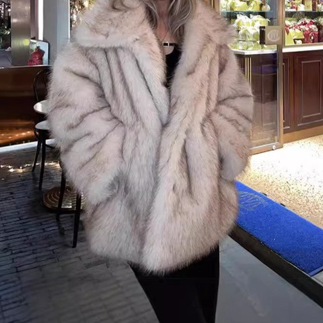 Women Winter Warm Fur Coat Faux Fur Mid Length Collared Coat Thick Windproof Fur Trench Coat