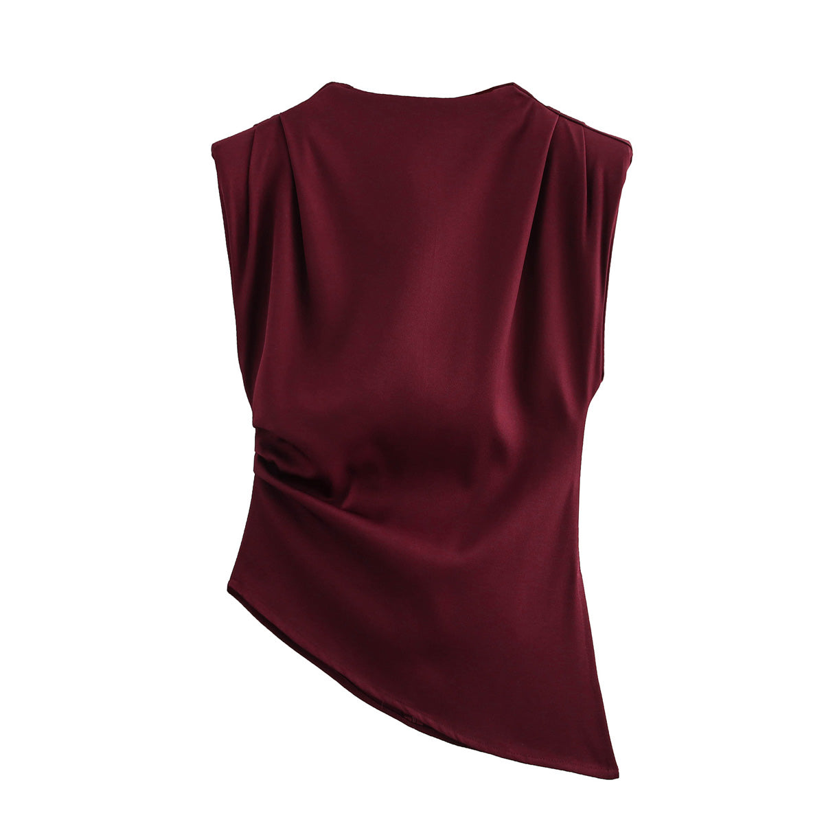 Three Color Pleated Decoration Padded Shoulder Pullover Sleeveless Top Spring Burgundy