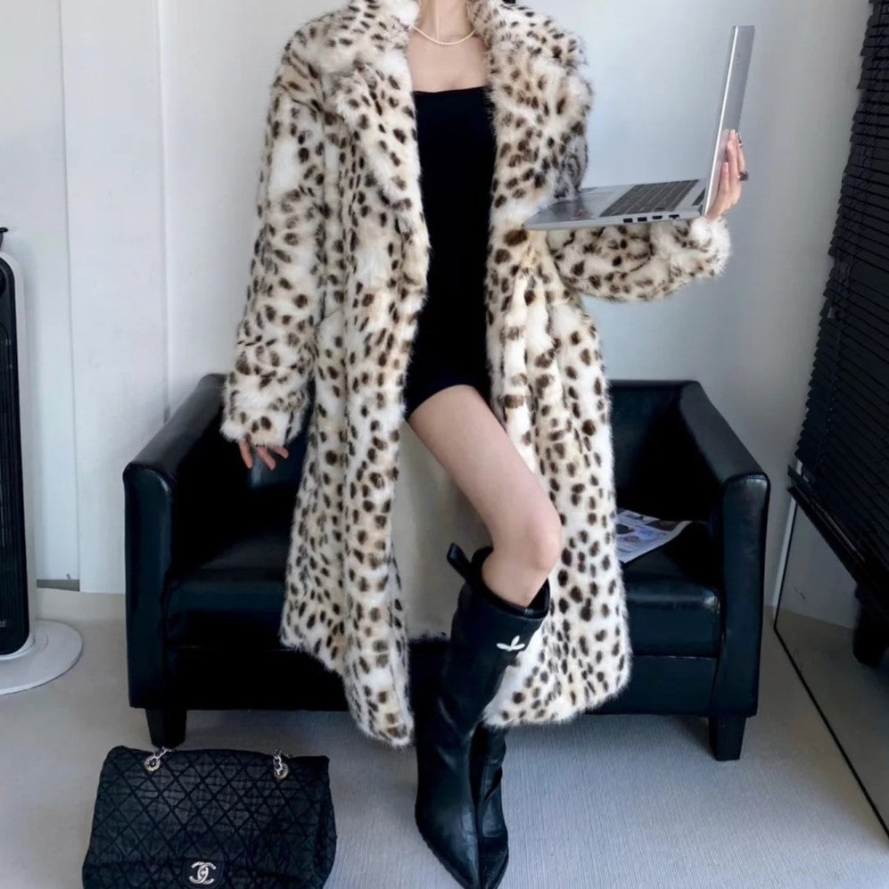 Autumn Winter Thickening Faux Fur Coat Women Leopard Print Mink Fur Coat Long Fox Fur Jacket