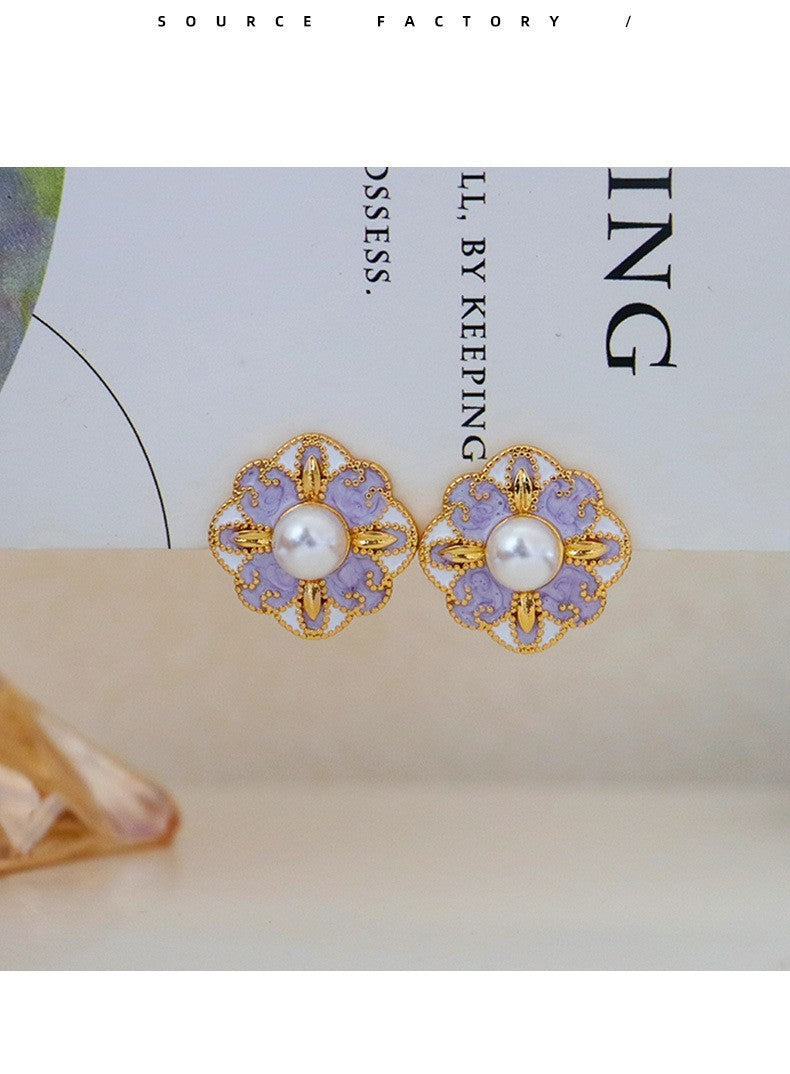 French Blue Color Oil Glaze Floral Stud Earrings Light Luxury High Grade Retro Minority Mid Ancient Pearl Earrings for Women