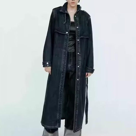 Autumn Denim Belt Long Trench Coat