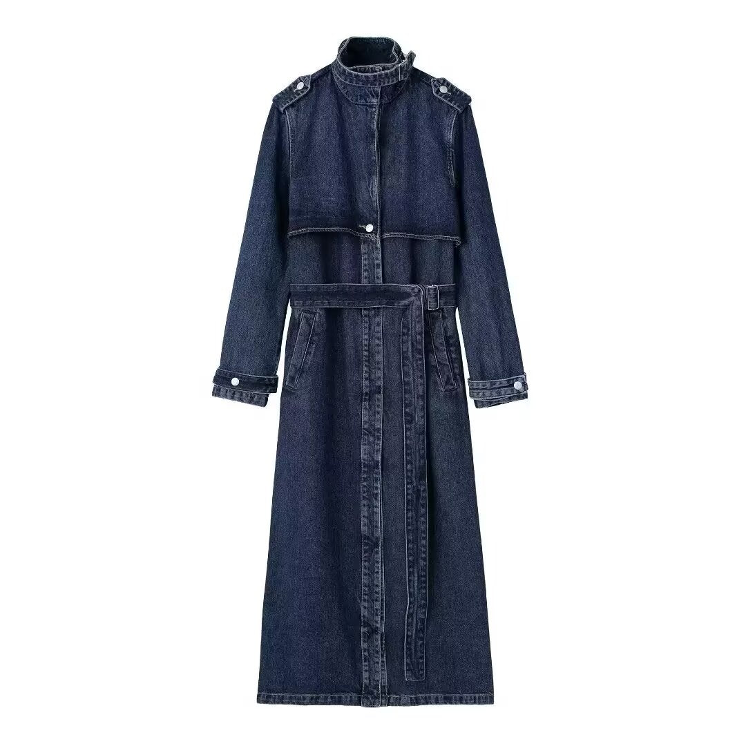 Autumn Denim Belt Long Trench Coat