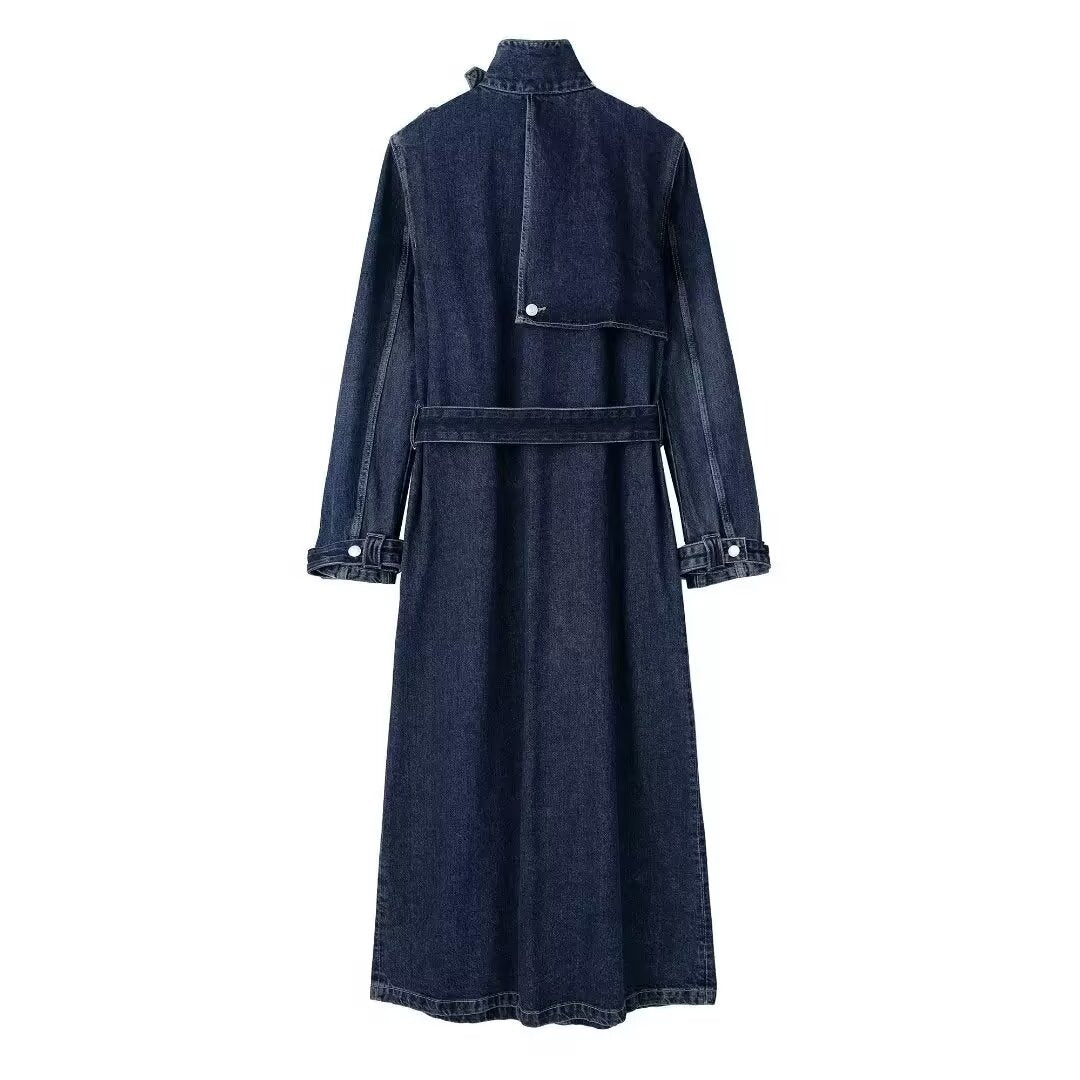 Autumn Denim Belt Long Trench Coat