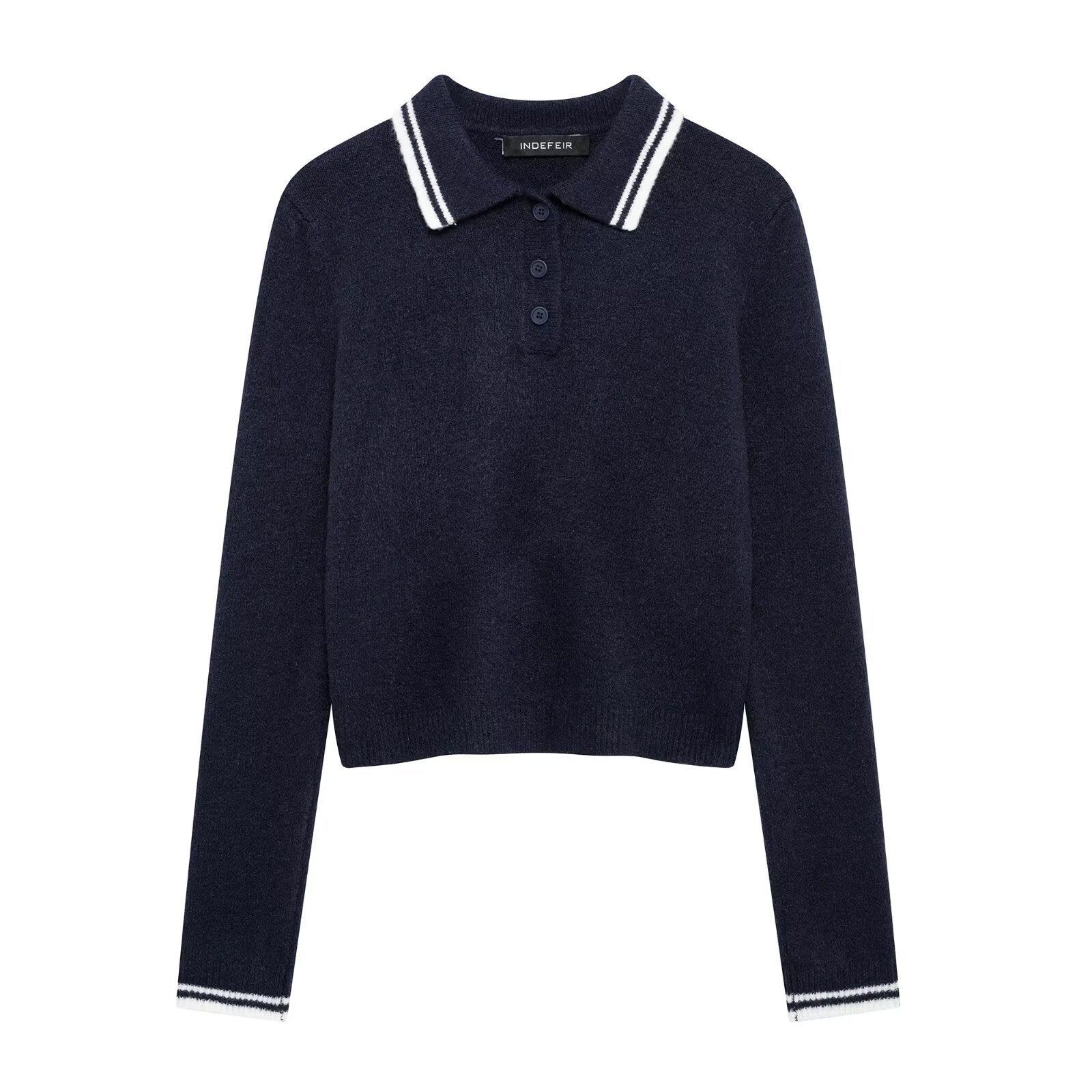 Women Clothing Simple All Matching Collared Pullover Sweater Navy Blue